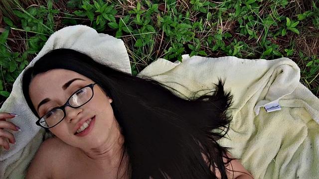 Brunette amateur with small tits goes wild in public park for POV cumshot