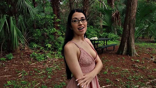 Brunette amateur with small tits goes wild in public park for POV cumshot