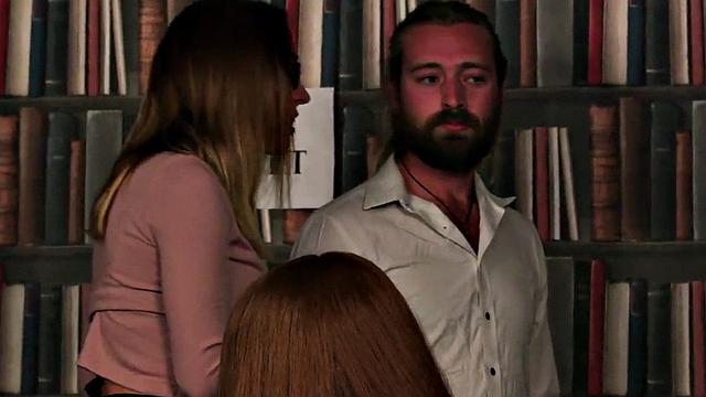 CFNM femdom ladies suck cock in group library blowjob