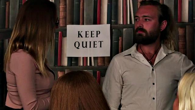 CFNM femdom ladies suck cock in group library blowjob