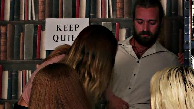 CFNM femdom ladies suck cock in group library blowjob