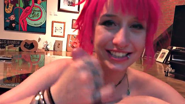 Busty babe in pink hair POV sucks cock in deepthroating mode