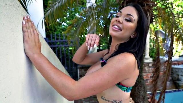 Watch this tattooed MILF get oiled up and fucked hard on the pool while getting creampied in doggy-style