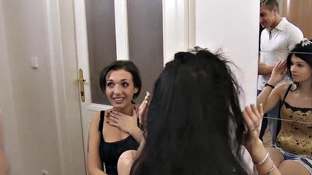 Femdom amateur pegging babes fuck sissy in a 3some with dildo.