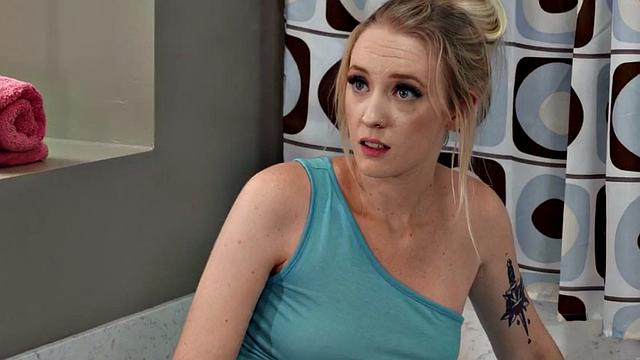 Busty trans babe assfucking girlfriend in bathroom