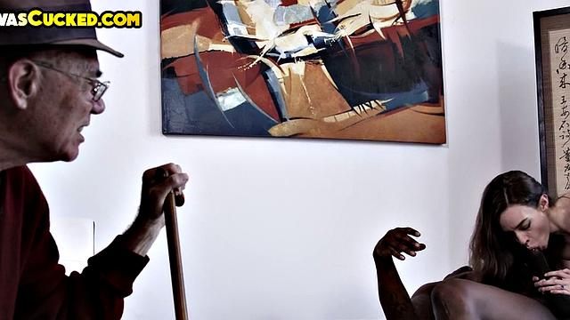 Old hubby watches petite wife suck BBC in front of him