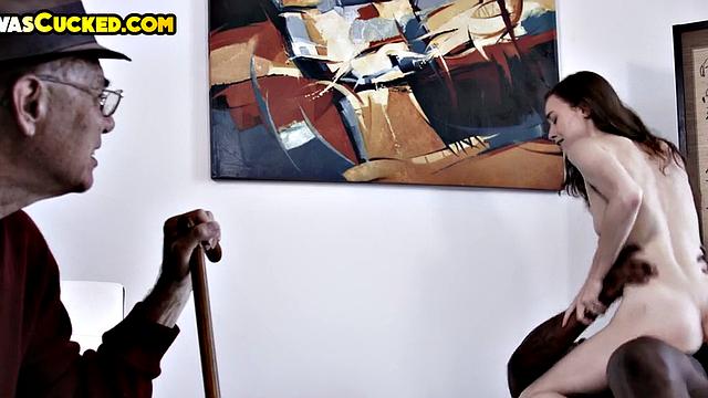 Old hubby watches petite wife suck BBC in front of him