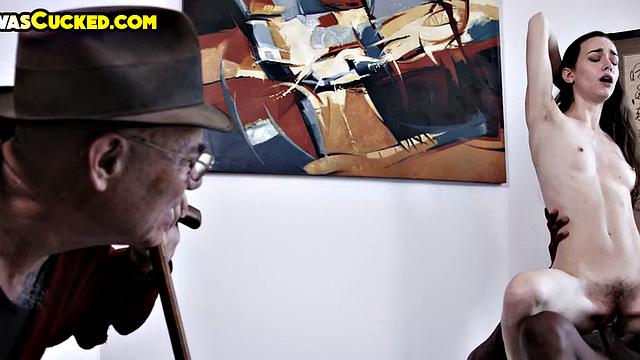 Old hubby watches petite wife suck BBC in front of him