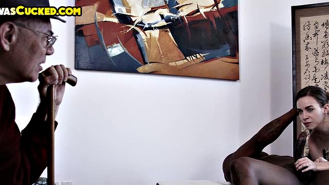 Old hubby watches petite wife suck BBC in front of him