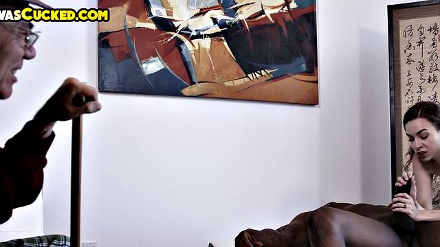 Old hubby watches petite wife suck BBC in front of him