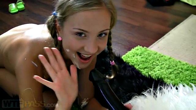 Beautiful girl fucks big toy cock