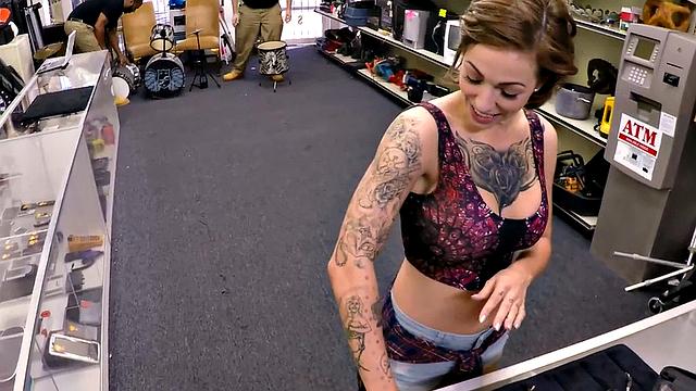 Big-titted pawnshop MILF gets doggystyled by owner in POV