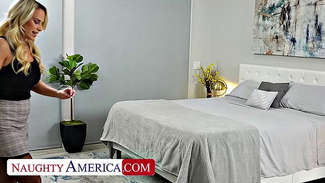 Busty blonde MILF Sadie Rose strips down and bangs her son's college friend