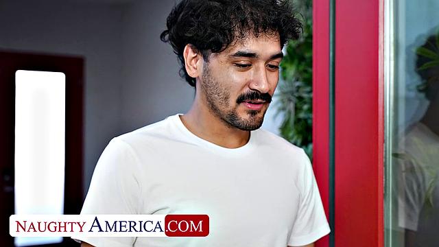 Busty blonde MILF Sadie Rose strips down and bangs her son's college friend