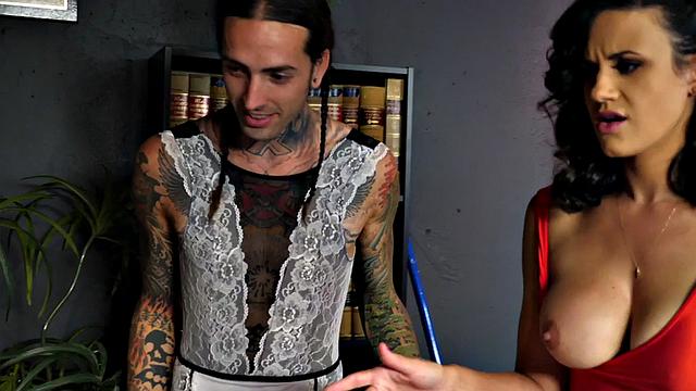 Bisex MILF fucked in office 3some with maid