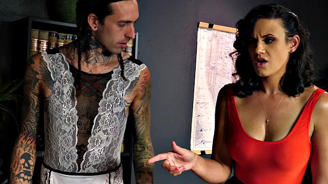 Bisex MILF fucked in office 3some with maid