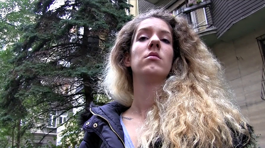 Curly-haired babe gets drilled in public for cash