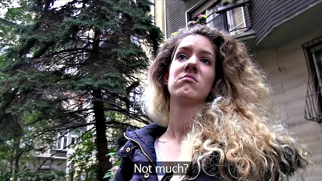 Curly-haired babe gets drilled in public for cash