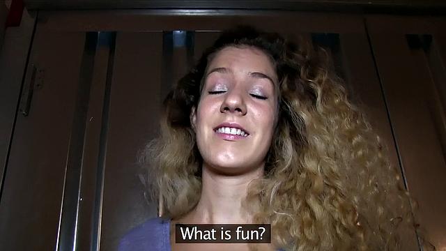 Curly-haired babe gets drilled in public for cash