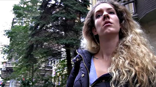 Curly-haired babe gets drilled in public for cash