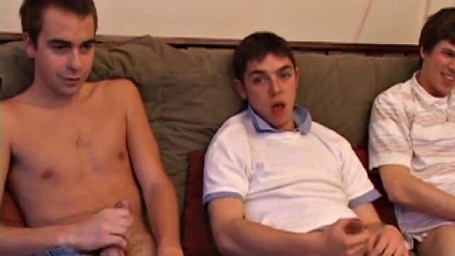 After stroking nice stiff dicks, Vincenzo is the first to blow a load on Brady's face. Adam joins the crew and, after agreeing to be the point man, begins blowing Matt. Then he switches to Brady.