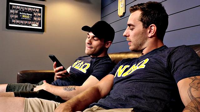 Tattoo college studs banging on couch after jerking