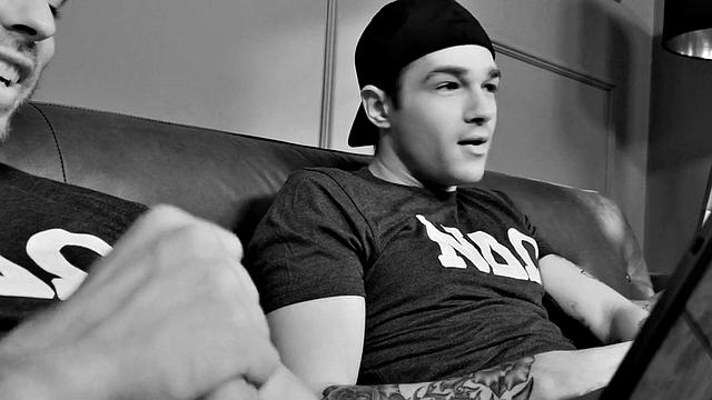 Tattoo college studs banging on couch after jerking