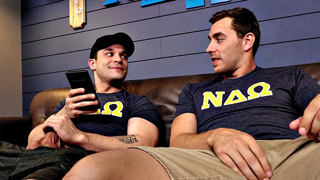 Tattoo college studs banging on couch after jerking