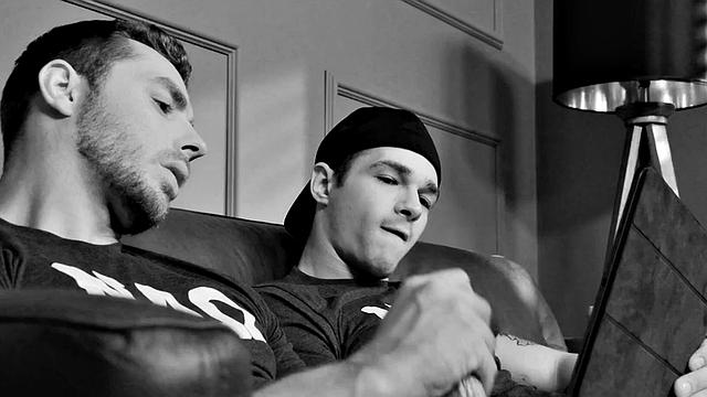 Tattoo college studs banging on couch after jerking