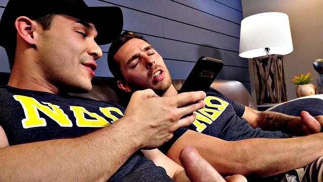 Tattoo college studs banging on couch after jerking