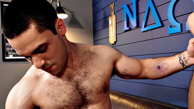 Tattoo college studs banging on couch after jerking