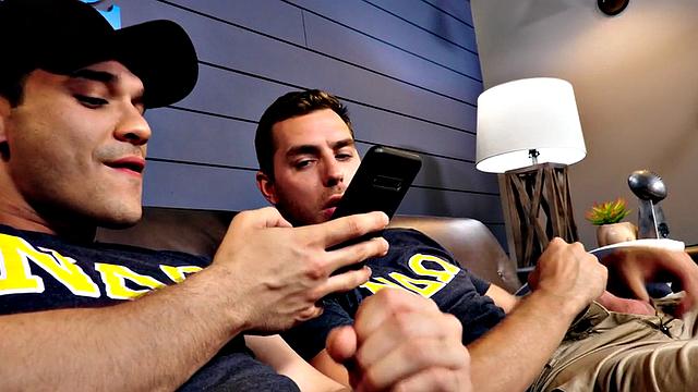 Tattoo college studs banging on couch after jerking