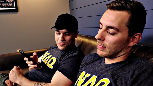 Tattoo college studs banging on couch after jerking