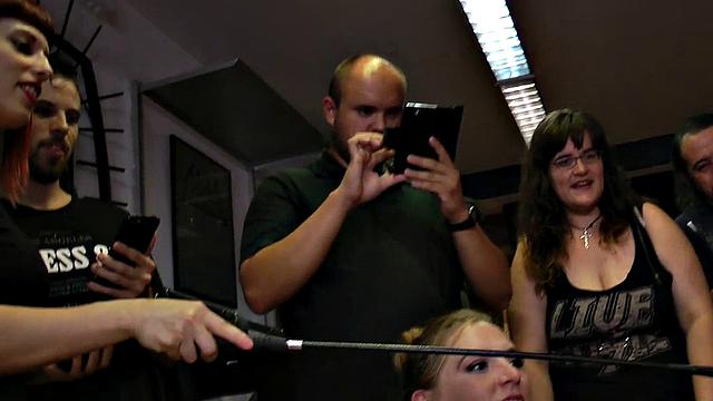 Public BDSM 3some for pathetic whipped slut shibari tied up