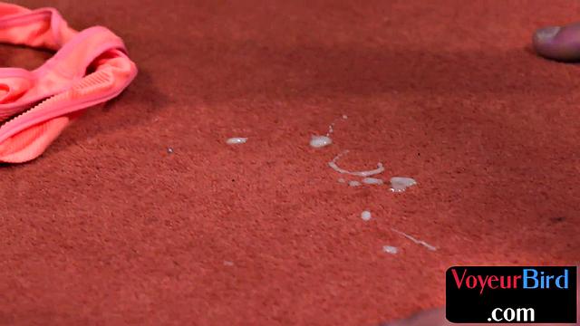 Bigtitted voyeur babe teases wanker till he cums