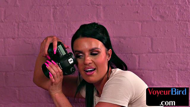 Bigtitted voyeur babe teases wanker till he cums