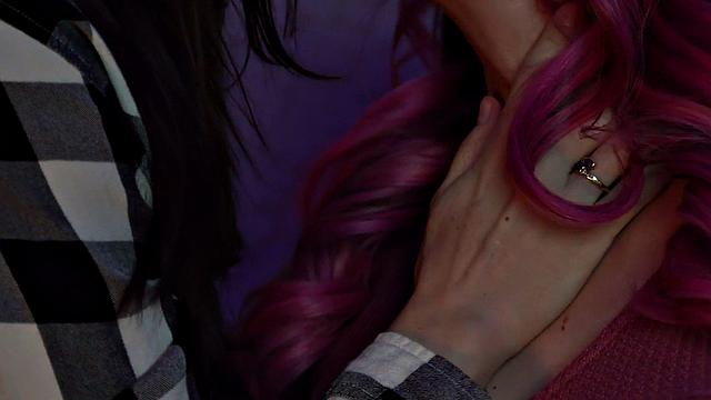 Pink hair busty TS MILF rimmd and assfingered by babe