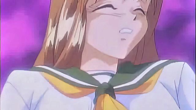 Busty anime teen screams as she drips