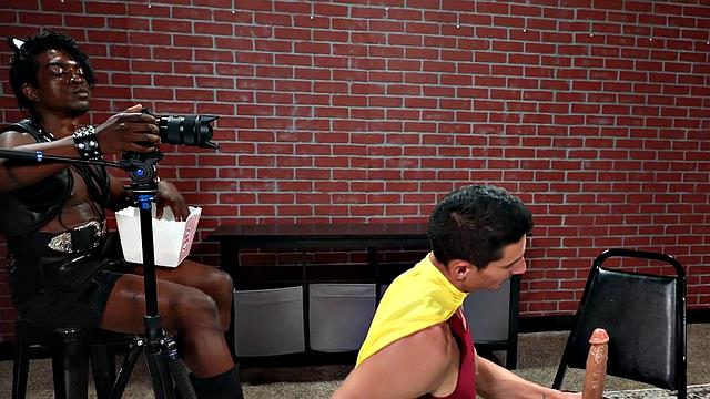 IR jock barebacked in cosplay by Black top in leather