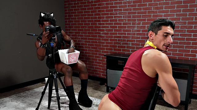 IR jock barebacked in cosplay by Black top in leather