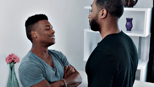 Ebony stud dickriding in couple after pizza party