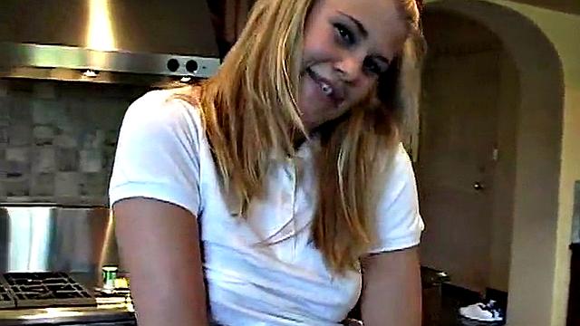 Little Summer stripping in her kitchen