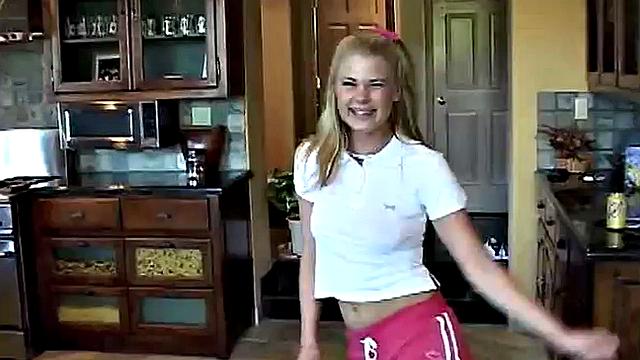 Little Summer stripping in her kitchen