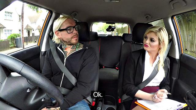 Tattooed chick gets back seat action after failing a test