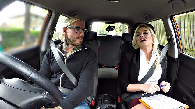 Tattooed chick gets back seat action after failing a test