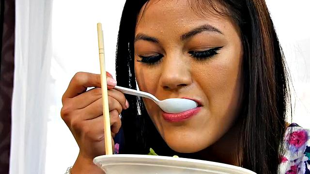 Hairy Asian drilled by big white dick in tight pussy hole