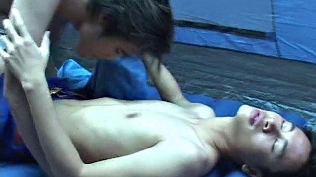 Camping Asian twink rims and fucks amateur ass after bj
