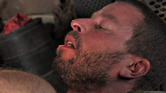 Big cock cowboy with hat gives hard fisting on hay in stable