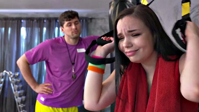 Curvy busty anal babe fucked by her trainer in gym