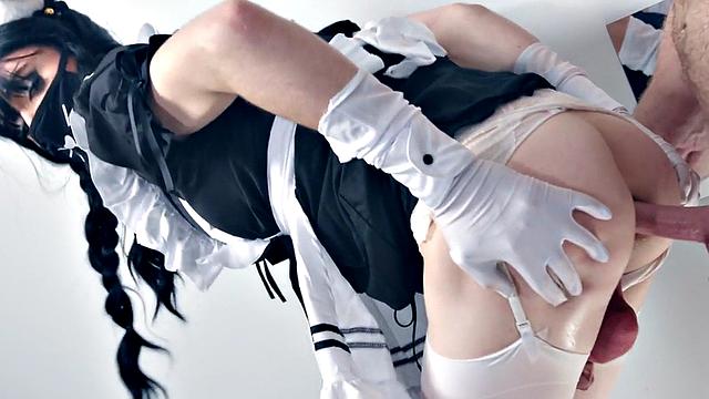 Submissive twink maid fucked in kitchen by jock